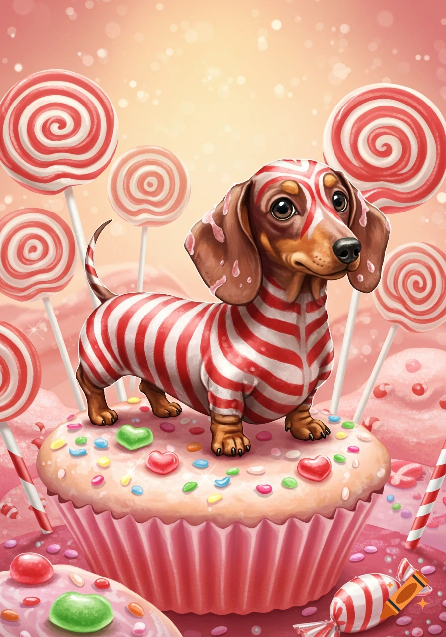 A cute, stylized dachshund with red and white candy cane stripes stands on a cupcake amidst lollipops and candies.
