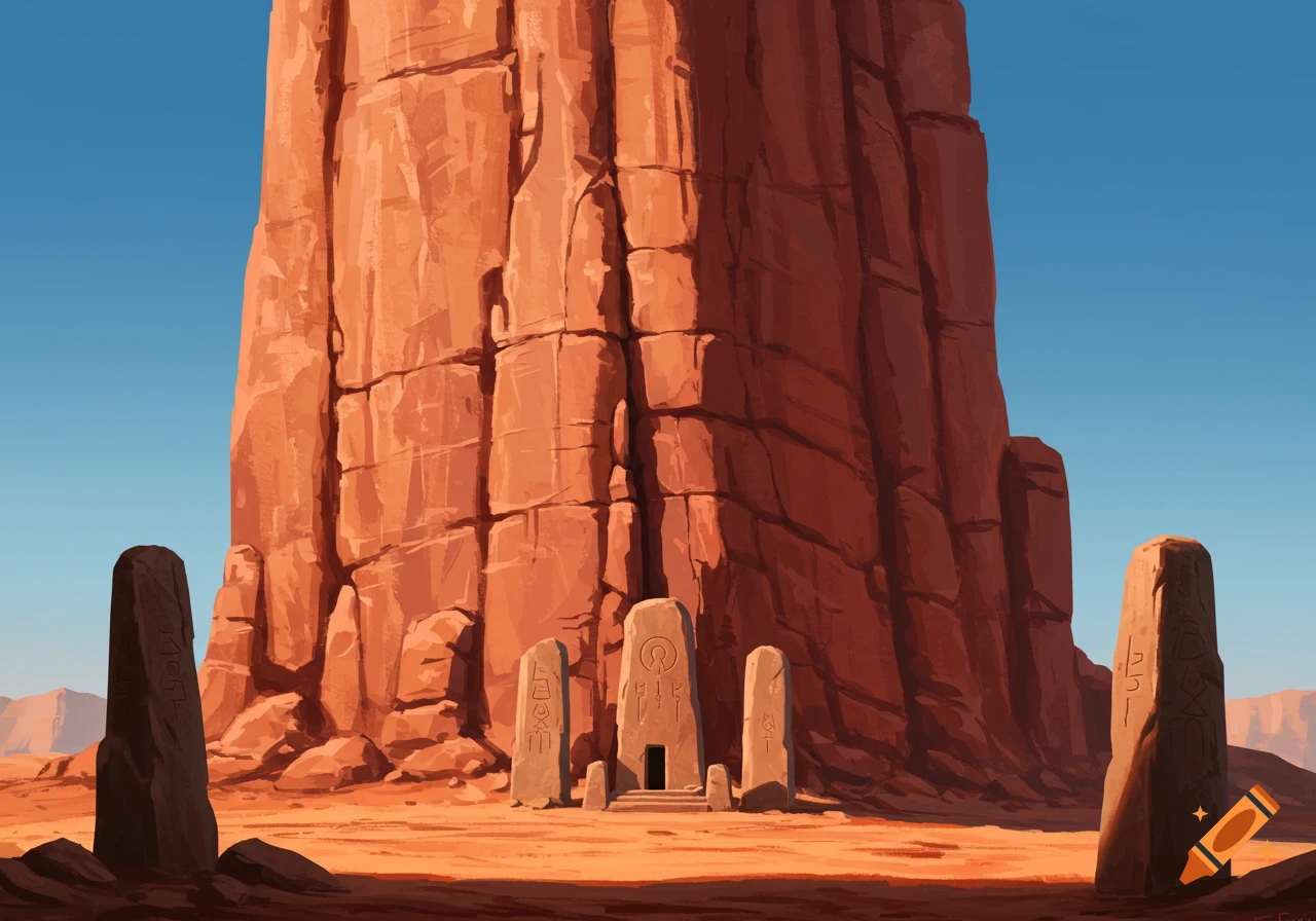 A stylized illustration of a towering red rock wall in a desert, with three ancient stone monoliths and a small entrance.