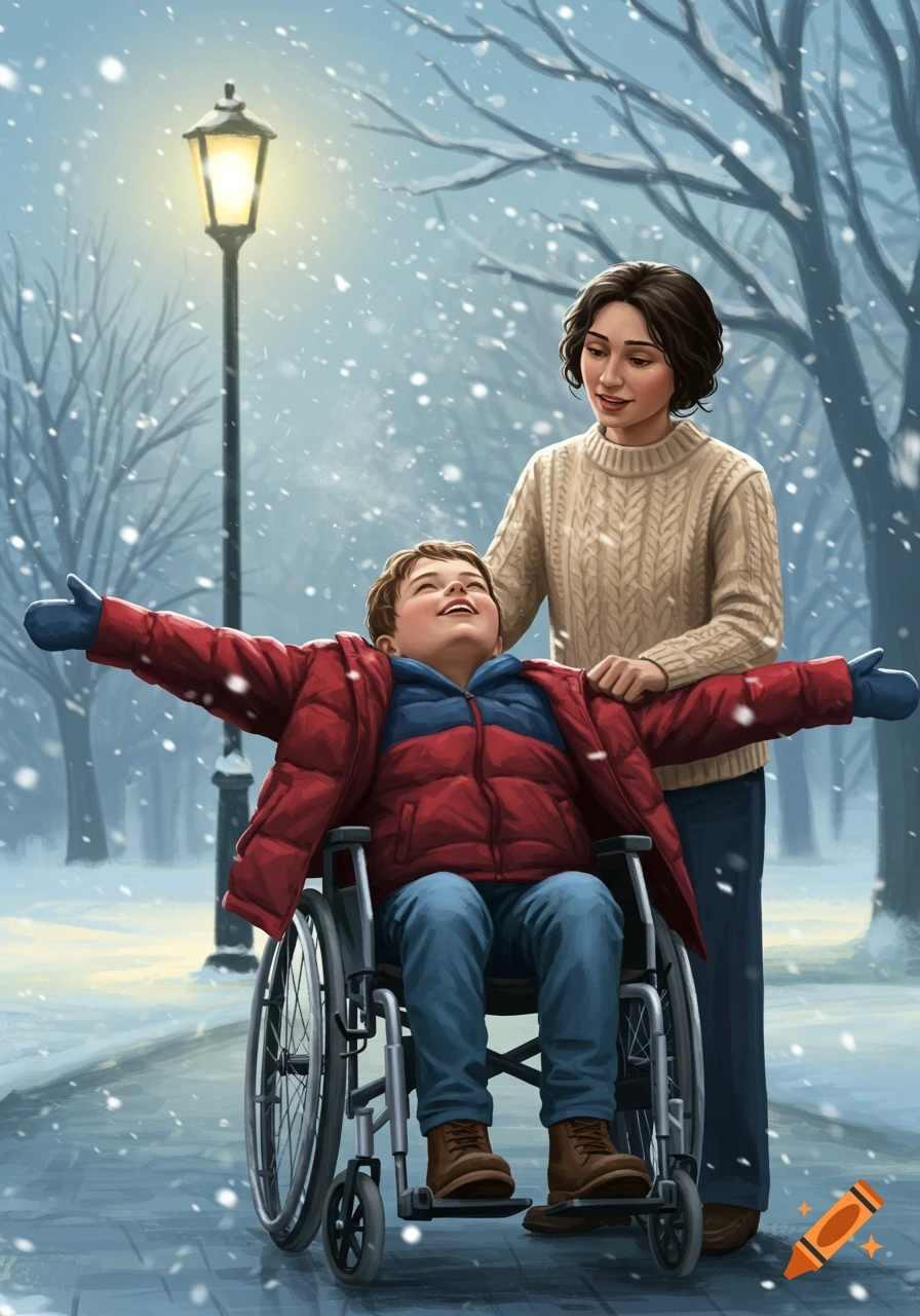 Illustration of a woman in a snowy park helping a child in a wheelchair, who smiles up at the falling snow with arms wide.