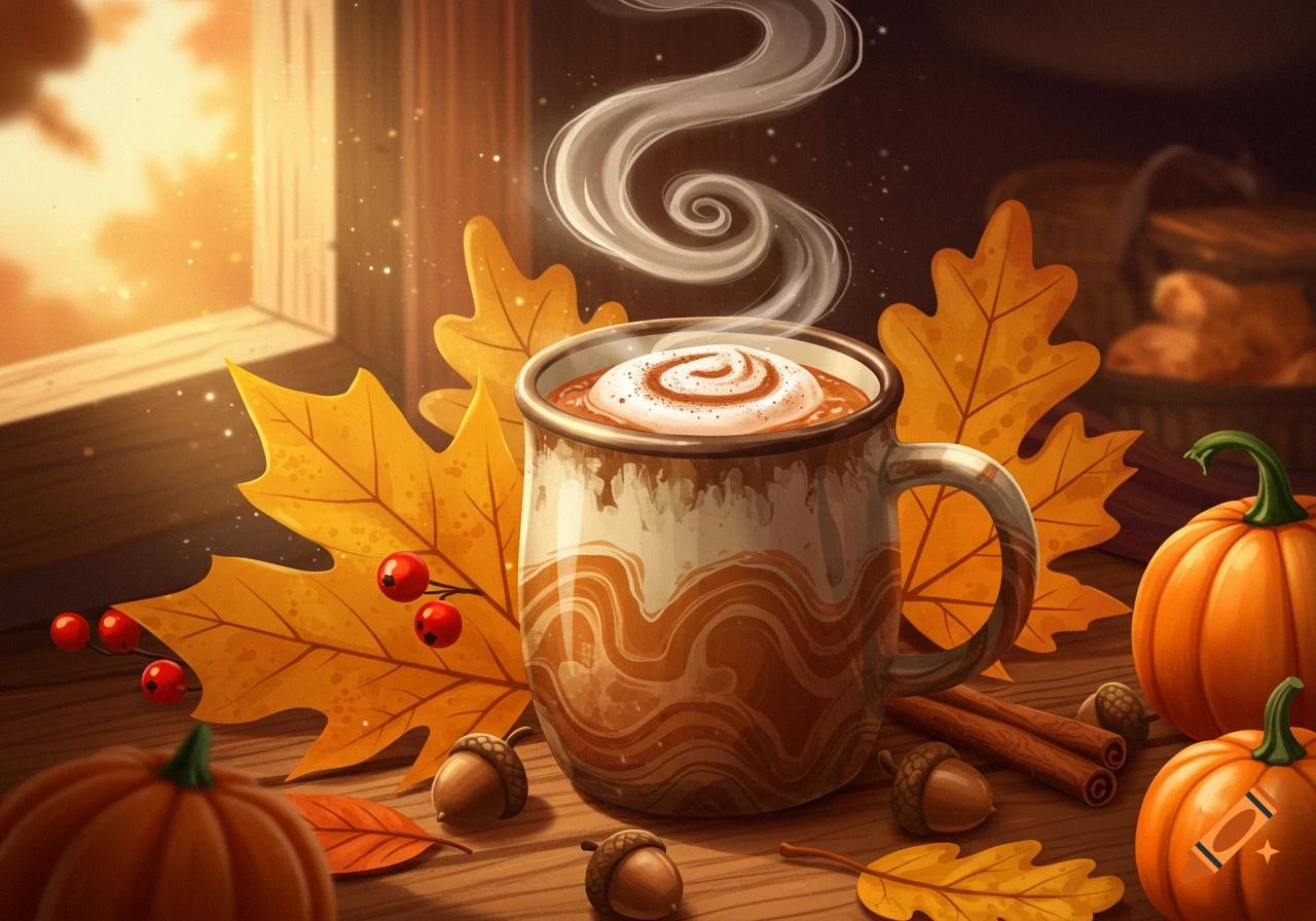 A steaming mug of a fall drink with whipped cream, surrounded by autumn leaves, small pumpkins, acorns, and cinnamon sticks on a wooden surface next to a window.