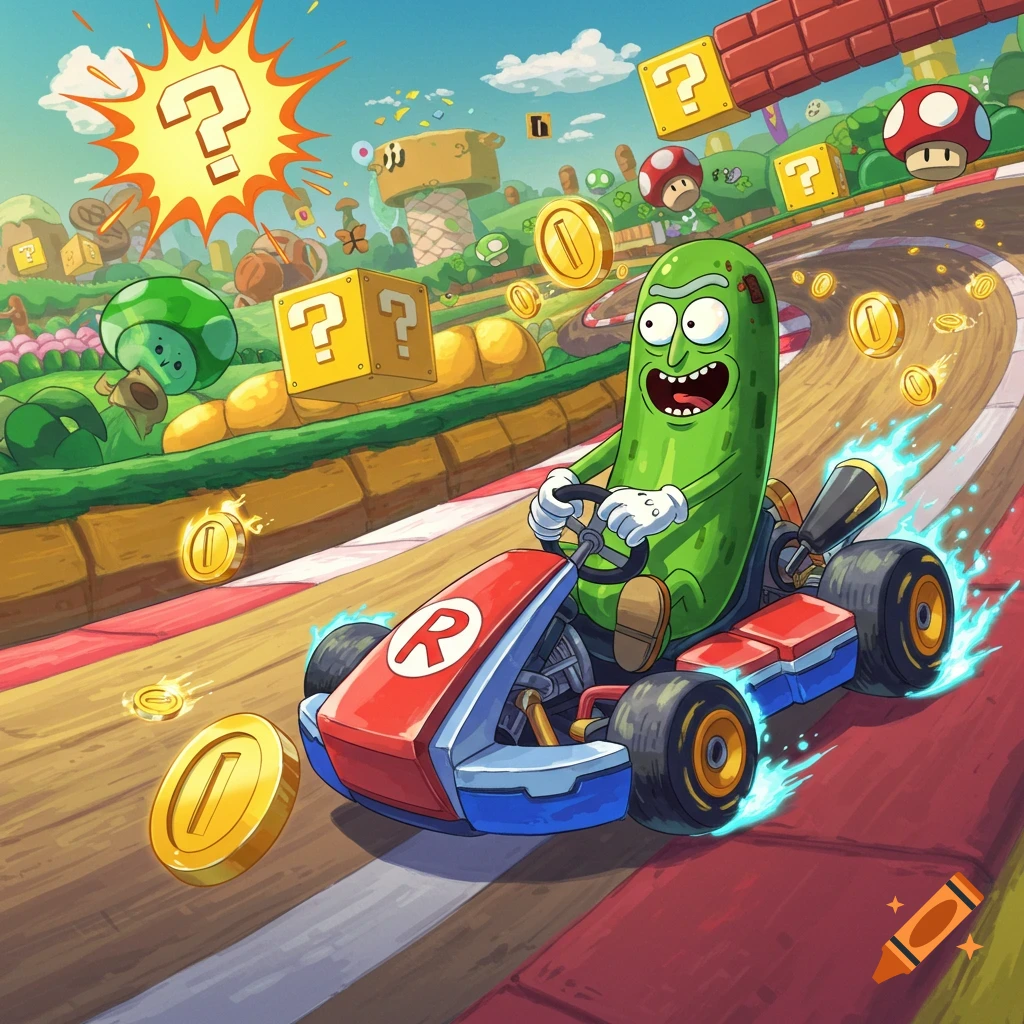 Pickle Rick driving a red and blue Mario Kart on a colorful race track with floating coins and item blocks.