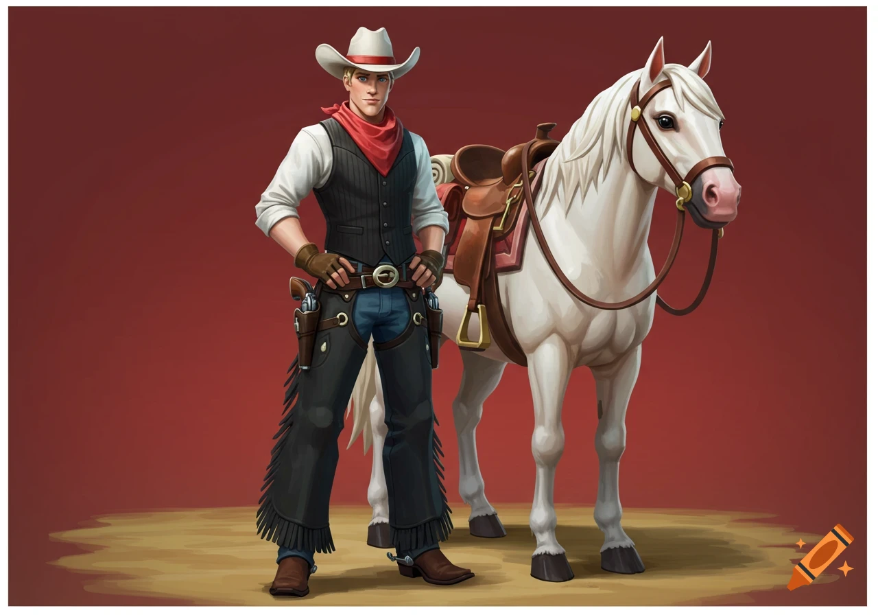 A stylized cowboy character in a white hat, red bandana, black vest, and chaps stands beside a white horse on a red background.