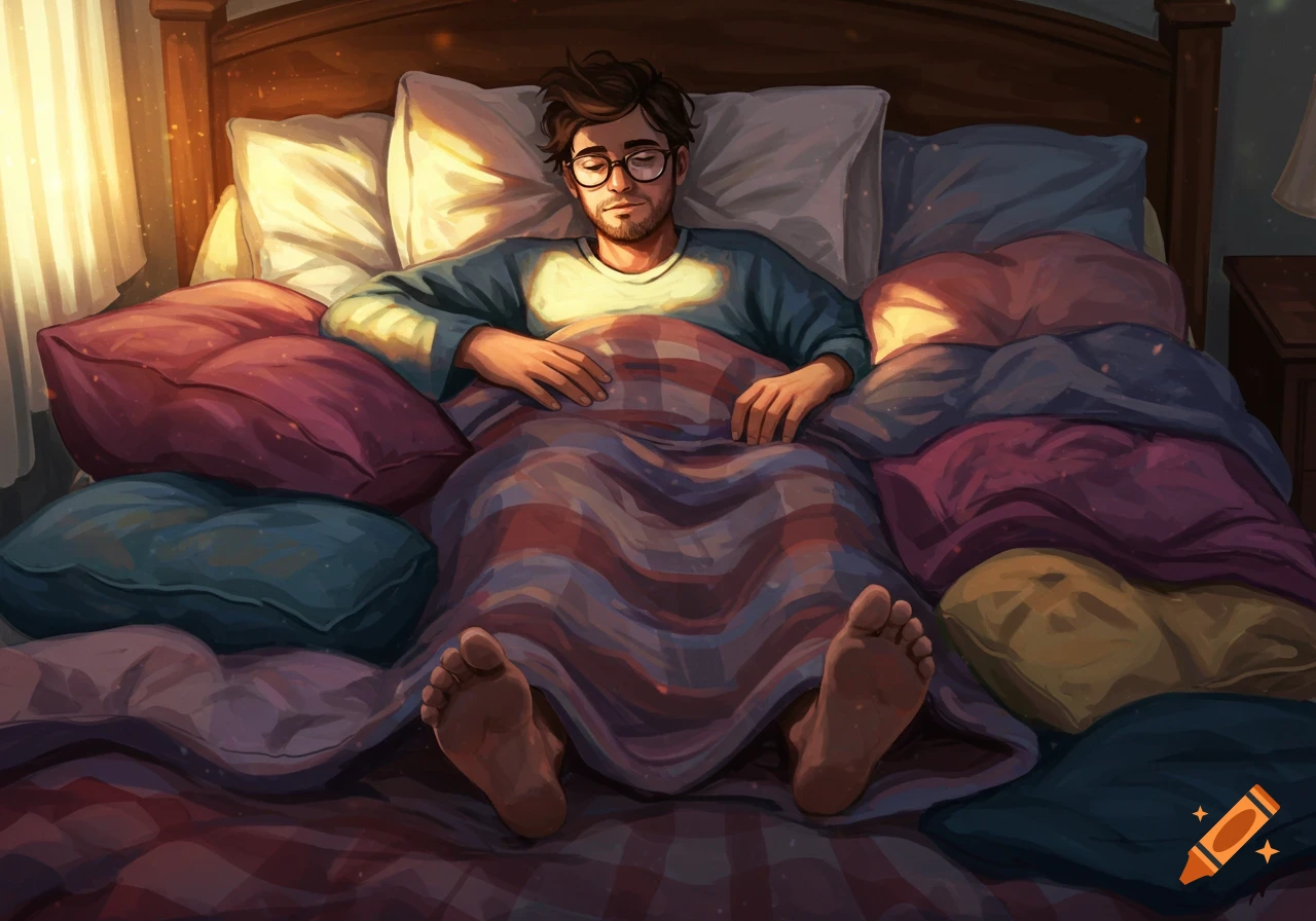 An illustration of a man with glasses and messy hair snuggled in bed among colorful blankets and pillows, with his feet peeking out.