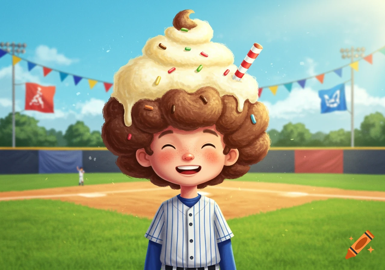 A smiling cartoon boy with freckles has chocolate-colored, curly hair topped with vanilla ice cream, sprinkles, and a candy straw. He wears a pinstriped baseball uniform on a sunny baseball field.