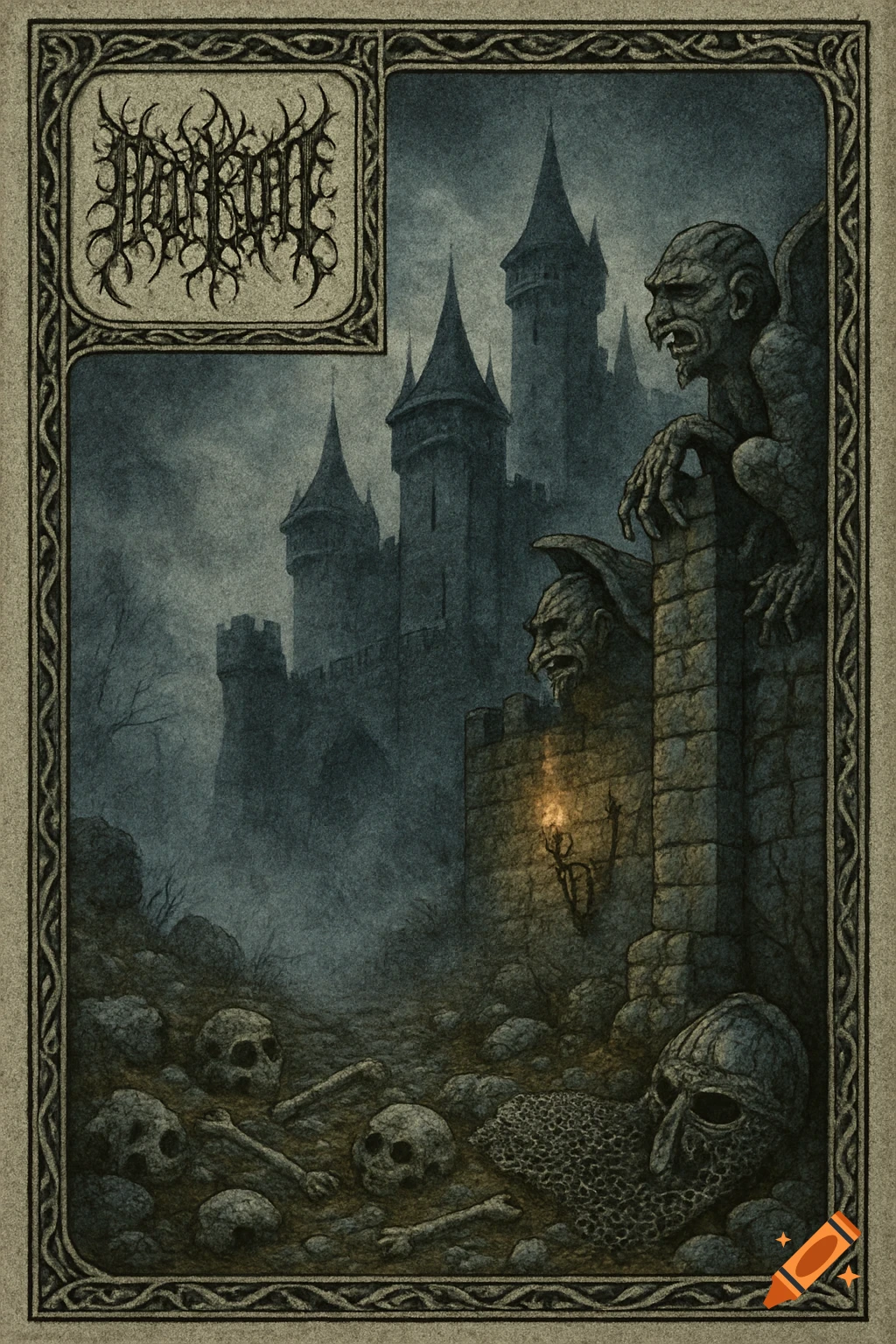 A dark, medieval-inspired cassette cover for a black metal project, featuring a looming castle, gargoyles, skulls, and bones in a murky landscape. The style is grainy and atmospheric.