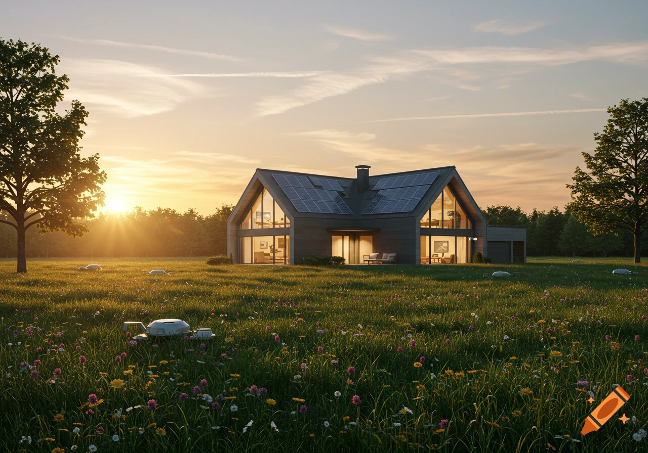 A modern house with solar panels in a grassy field with wildflowers during a golden sunset, surrounded by trees.