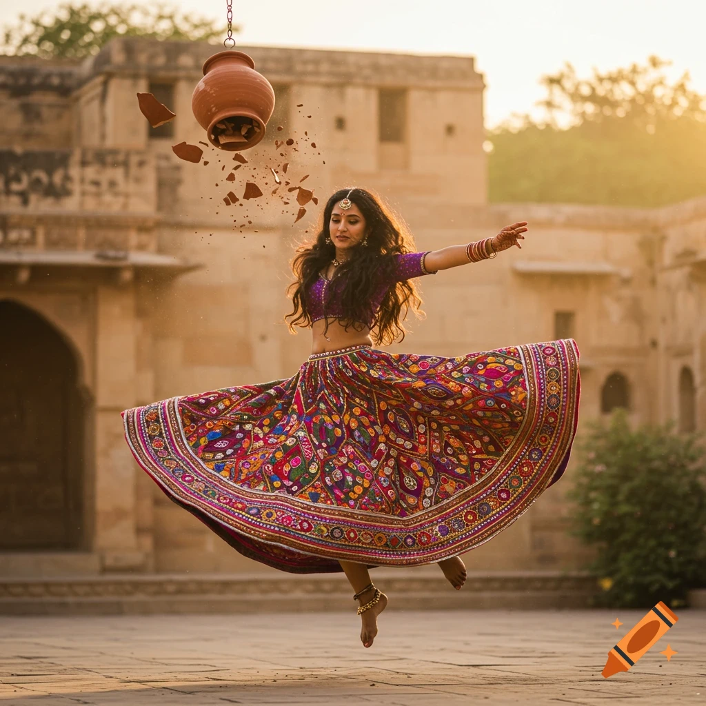 An Indian woman in a vibrant traditional skirt and top jumps in the air, a clay pot shattering above her head in an old courtyard at sunset.