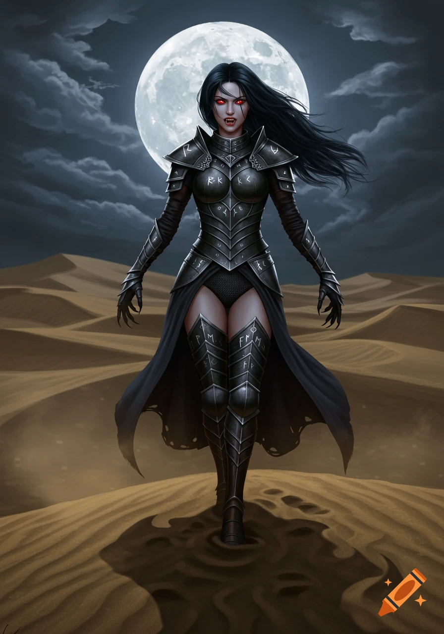 A female vampire warrior in dark armor with runes stands in a desert under a full moon at night.