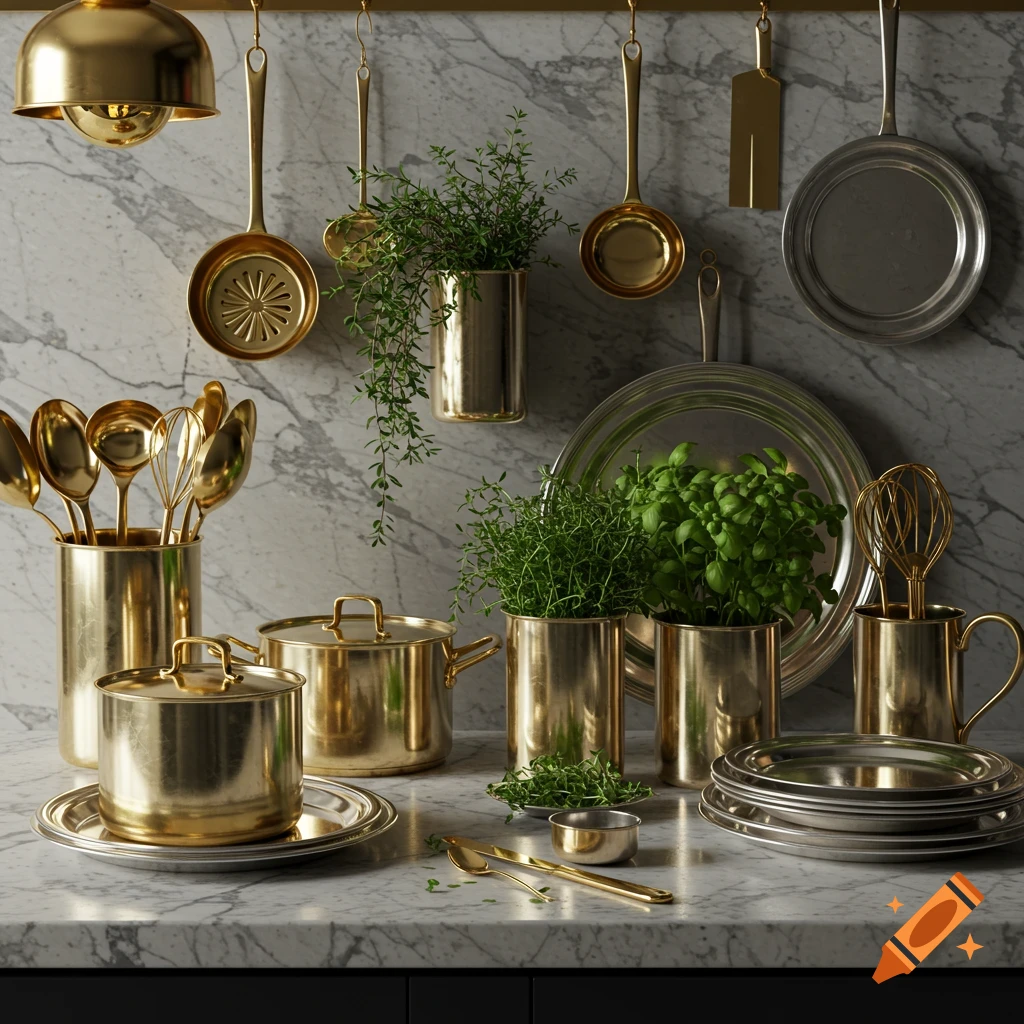 Photorealistic kitchen scene featuring an array of golden and silver cooking utensils, pots, and fresh green plants on a marble countertop and backsplash.