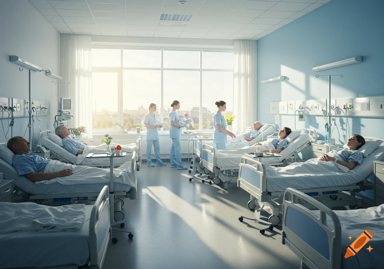 Photorealistic image of a bright, modern hospital ward with several patients resting in beds and nurses attending to them.
