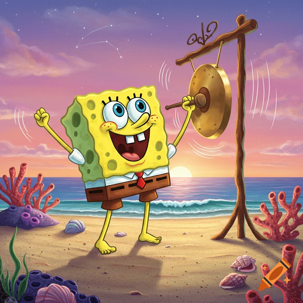 Spongebob Squarepants joyfully hits a large golden gong with a mallet on a sandy beach at sunset, with coral visible.