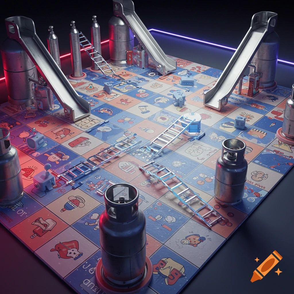 Isometric board game with gas canisters and ladders, resembling 'Snakes and Ladders', on a red and blue checkered board under neon lights.