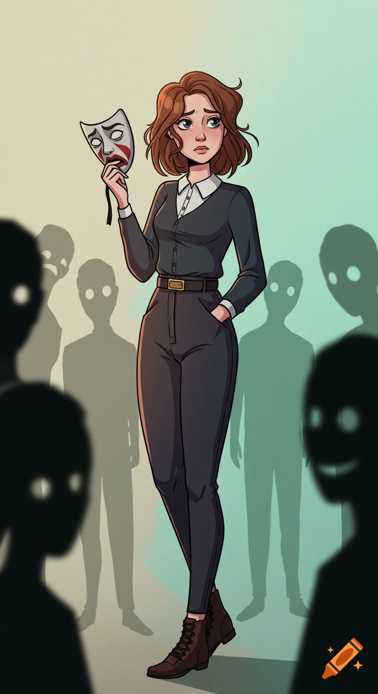 A worried woman in a cartoon style holds a sad theatrical mask, surrounded by shadowy, faceless figures.