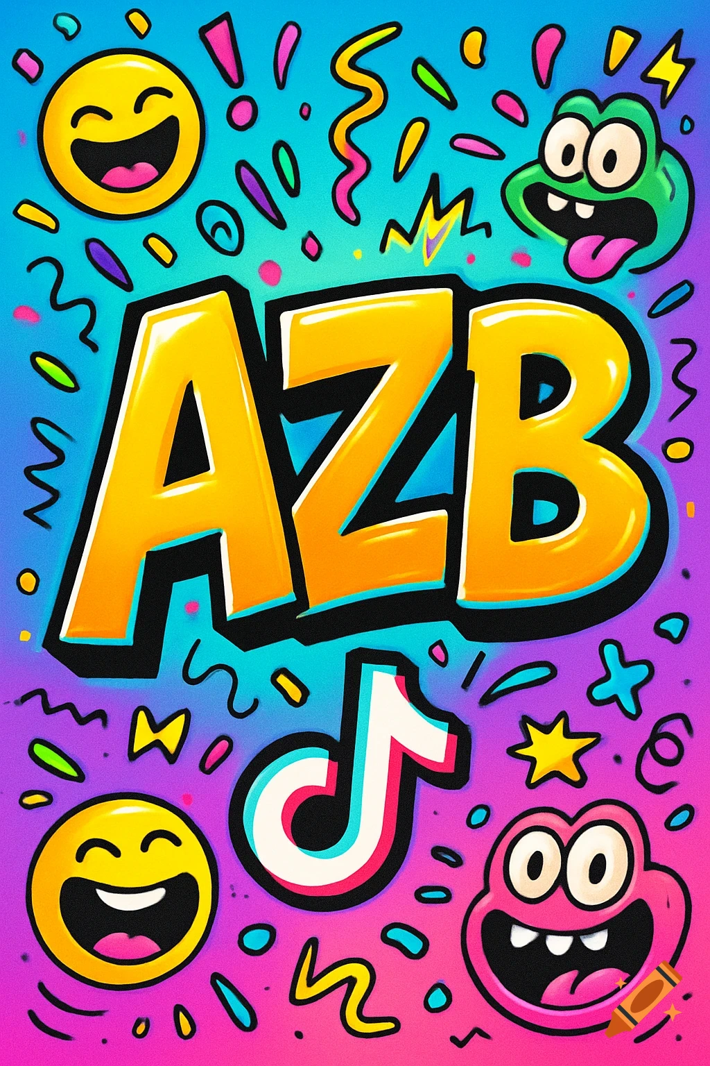 Colorful cartoon illustration with large yellow letters AZB, laughing emojis, quirky frogs, and a TikTok logo on a blue to pink gradient background.