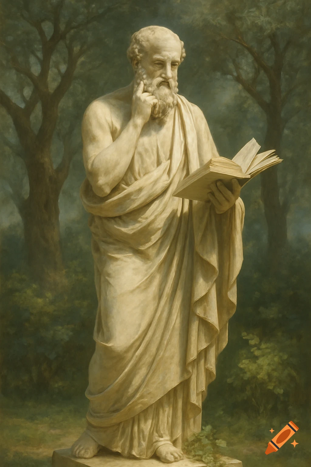 A classical statue of a bearded philosopher in a toga, holding an open book and contemplating, set in a lush garden.