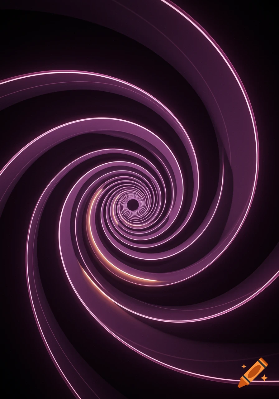 Hypnotic purple glowing spiral tunnel with subtle metallic edges on a dark background.