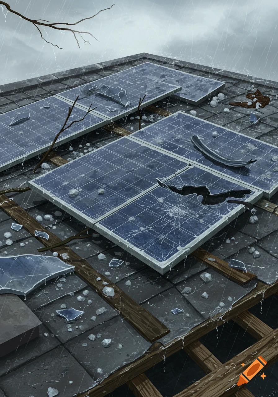 Damaged rooftop solar panels and roof tiles after a severe hailstorm, with debris and rain falling.