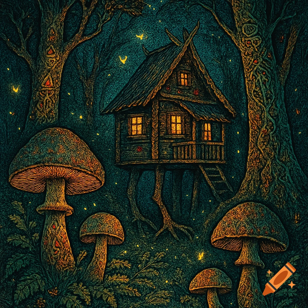 A dark, whimsical forest scene with a rustic house on stilts, glowing mushrooms, and fireflies, rendered in an illustrative fairytale style.