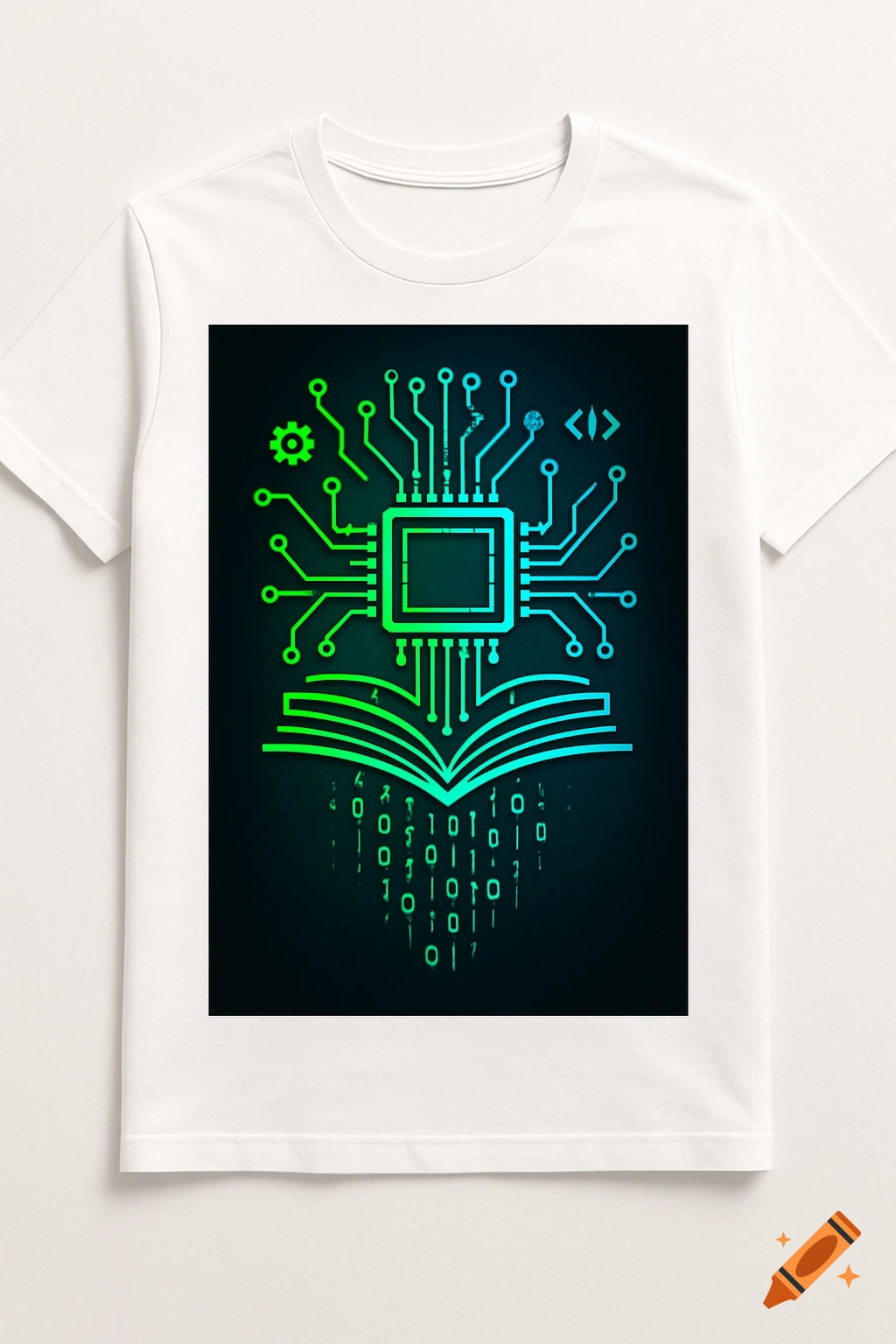 White t-shirt with a glowing green and blue circuit board design above an open book with binary code, symbolizing technology and education.