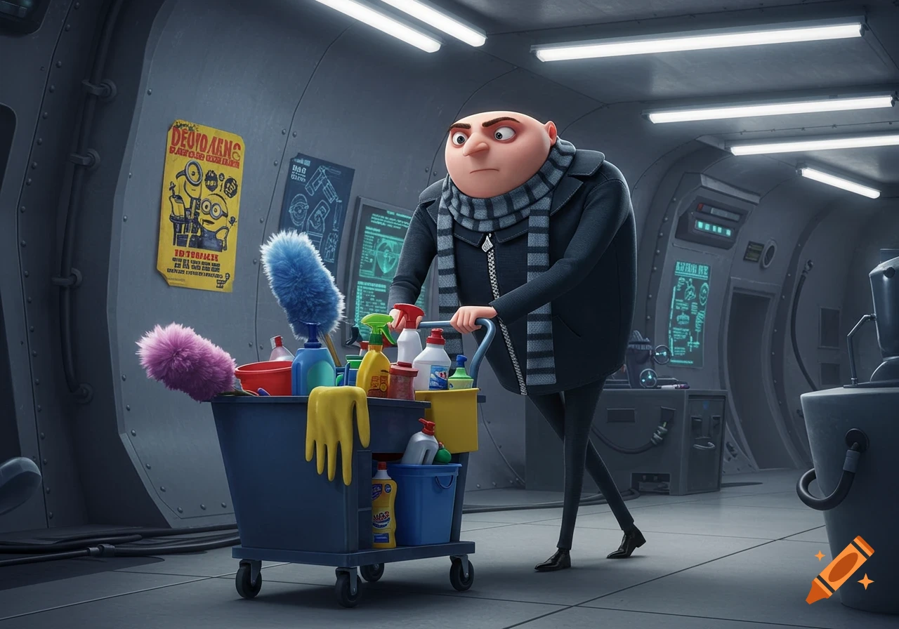 Gru from Despicable Me pushes a cleaning cart filled with supplies through a futuristic laboratory hallway.
