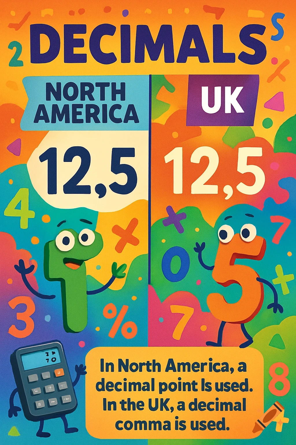 Colorful educational poster explaining decimal point vs. comma usage in North America and the UK, featuring personified numbers and a calculator.