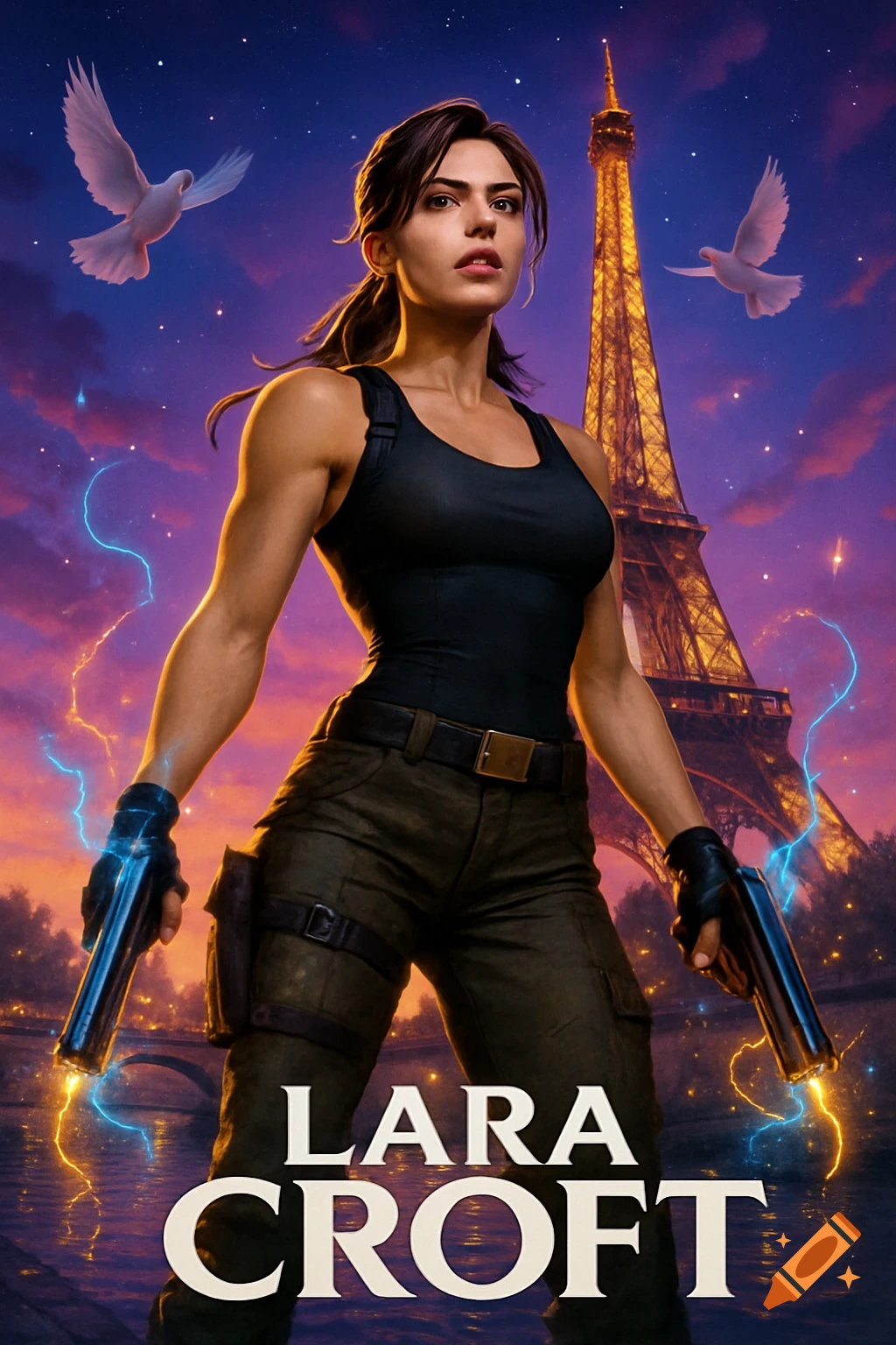 Lara Croft stands heroically in Paris at night, holding glowing guns, with the Eiffel Tower and doves in the background, text reads "LARA CROFT".