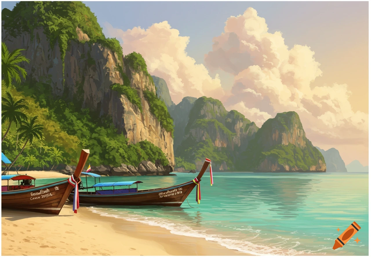 A stylized painting of longtail boats on a sandy beach with turquoise water, backed by lush green karst mountains and a cloudy sky.