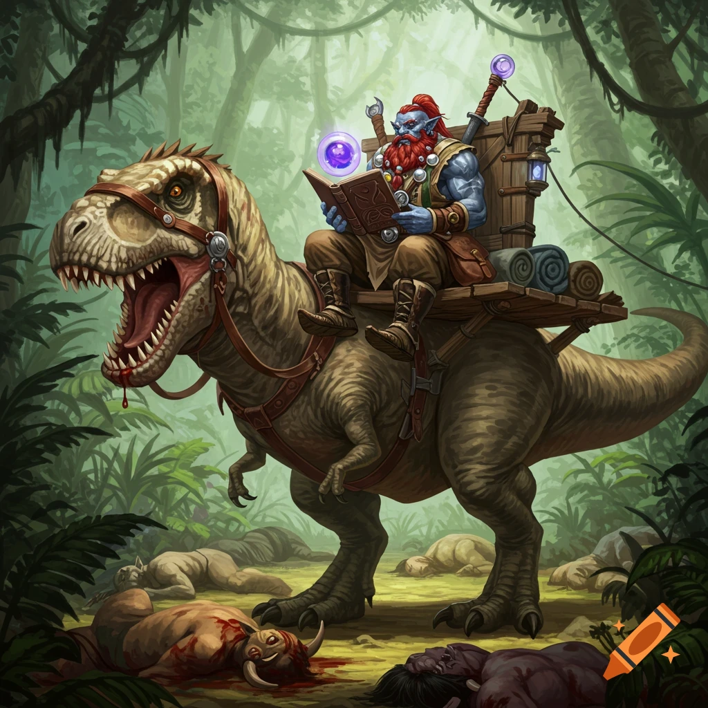 A blue-skinned, red-bearded Firbolg cleric reads a book while riding a large T-Rex in a jungle clearing, with dead bodies on the ground, in a fantasy illustration.