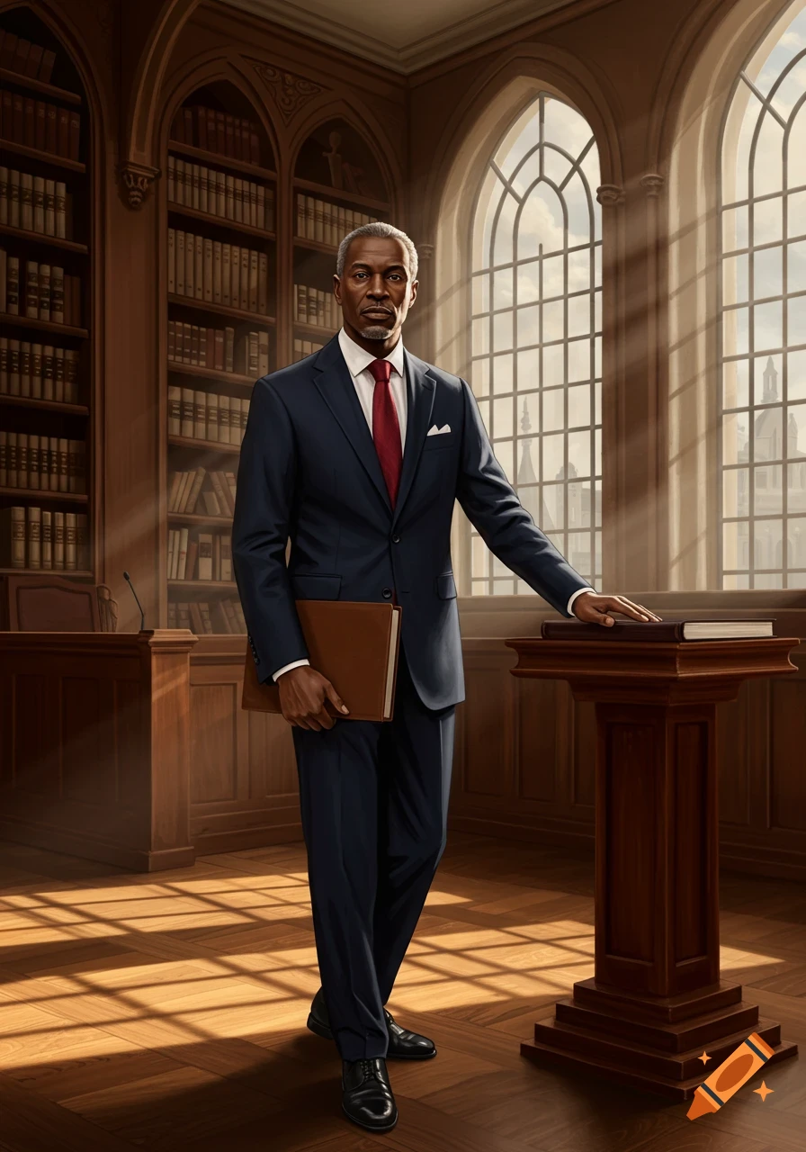 A distinguished man in a dark suit and red tie stands in a grand library, holding a folder, with one hand on a podium, sunbeams illuminating the floor.