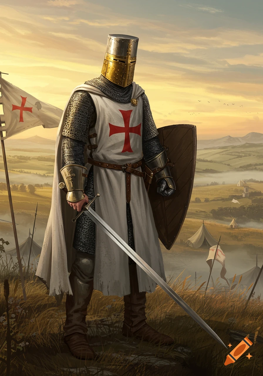 A medieval crusader knight in full armor stands, holding a sword and ...