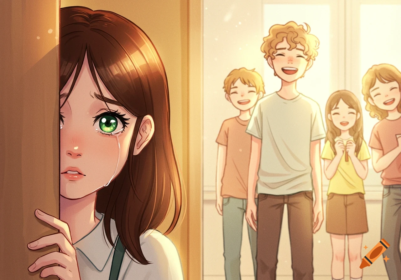 Cartoon of a tearful girl peeking from behind a corner, watching a group of happy, laughing children in warm sunlight.