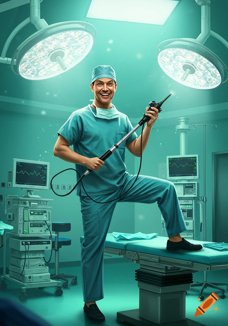 A smiling male doctor in teal scrubs stands in an operating room, striking a pose with a medical endoscope like a guitar, under bright surgical lights.