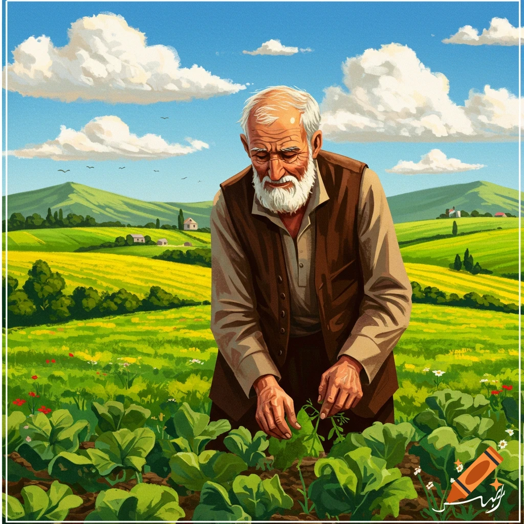 A stylized illustration of a white-bearded old man kneeling and tending to green plants in a vibrant rural landscape under a blue sky.