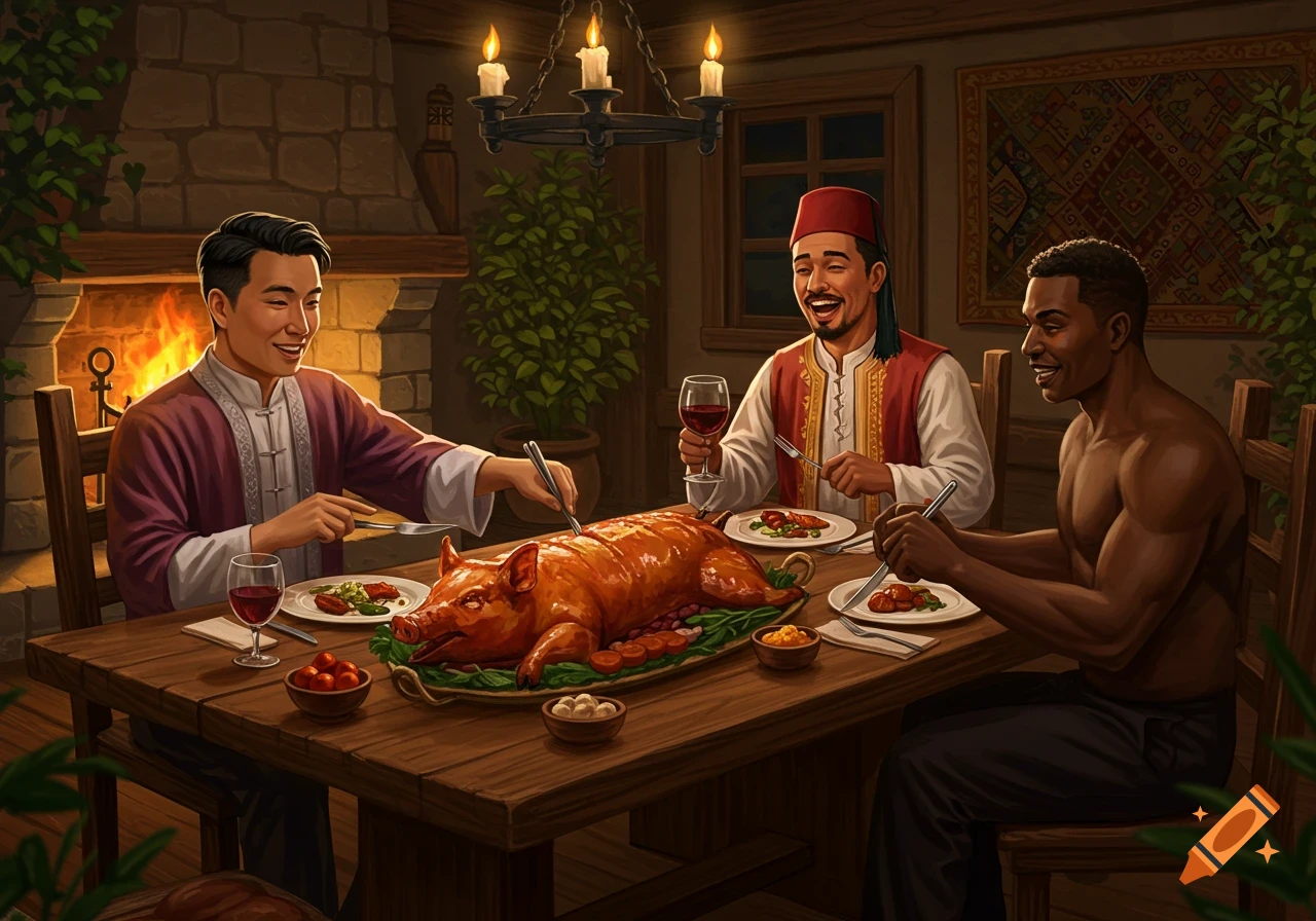 Three men, one Asian, one Middle Eastern, and one Black, share a meal of roasted pig at a rustic wooden table.