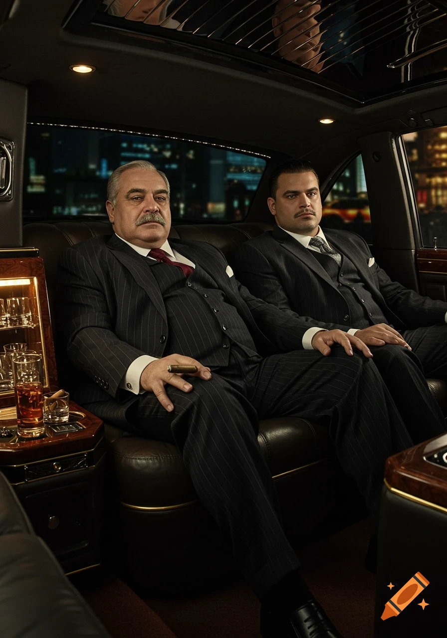 Two stern men in pinstripe suits sit in a luxurious limousine, one holding a cigar, with city lights visible outside at night.