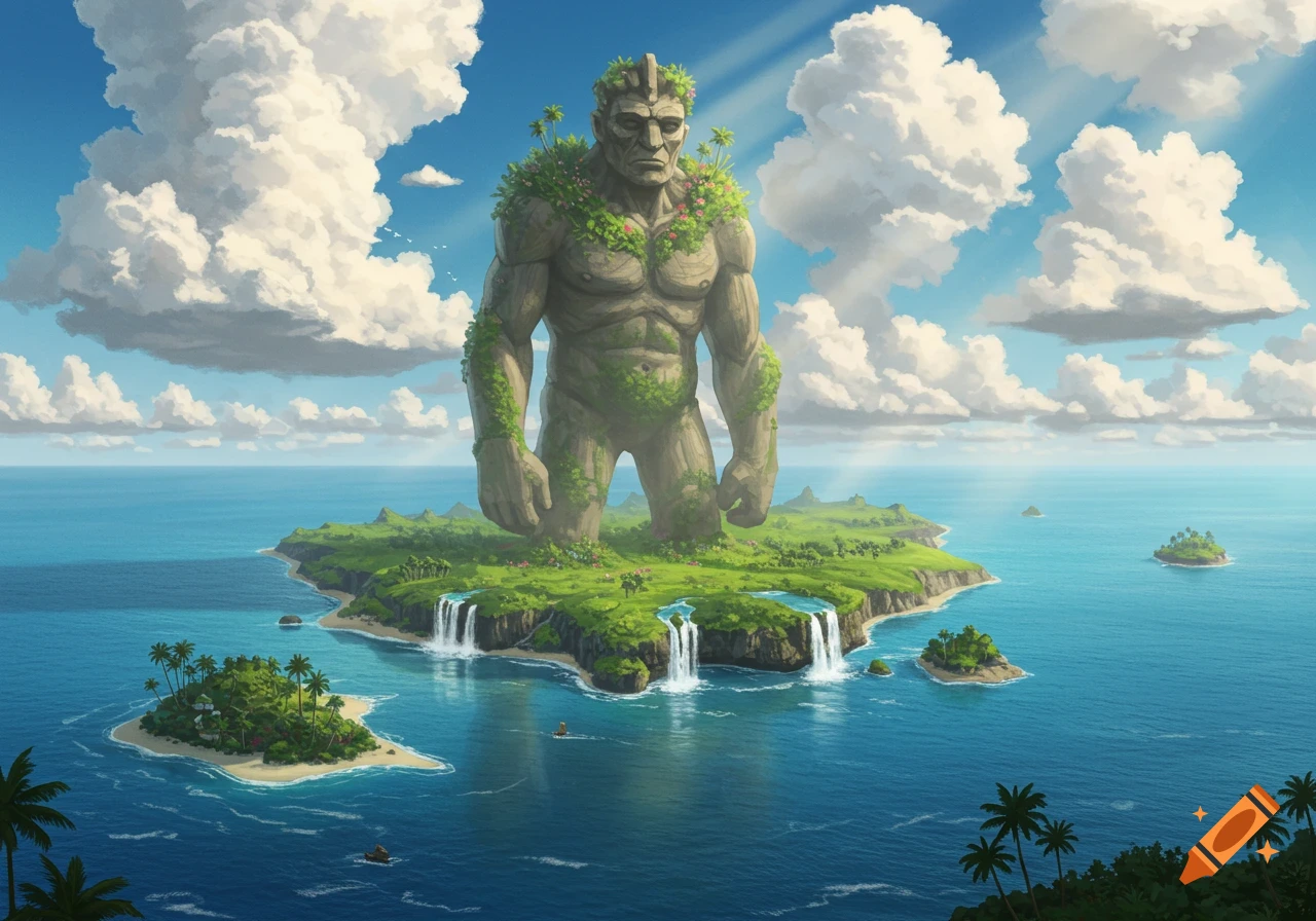 A colossal stone man covered in vines stands on a lush island with waterfalls in a vast blue ocean under a cloudy sky.