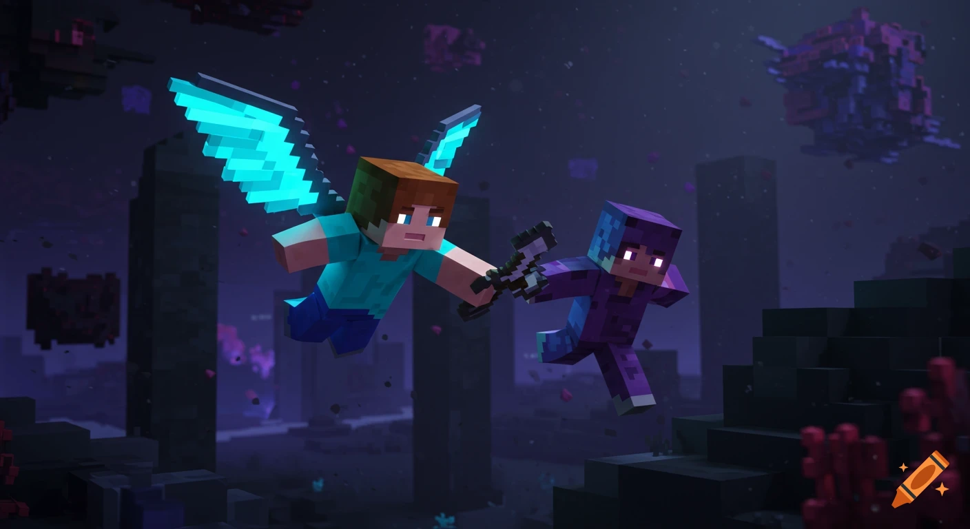 A Minecraft character with glowing blue elytra wings flies, chased by another in a purple outfit, in a dark End dimension.
