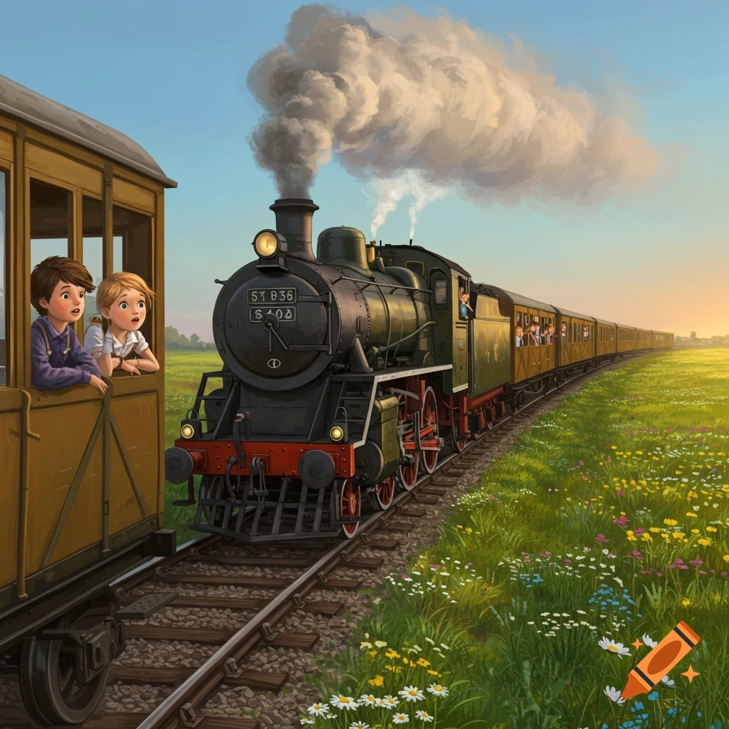 A whimsical illustration shows two children leaning out of a yellow train car, looking at a black steam train passing by in a flower-filled field at sunset.