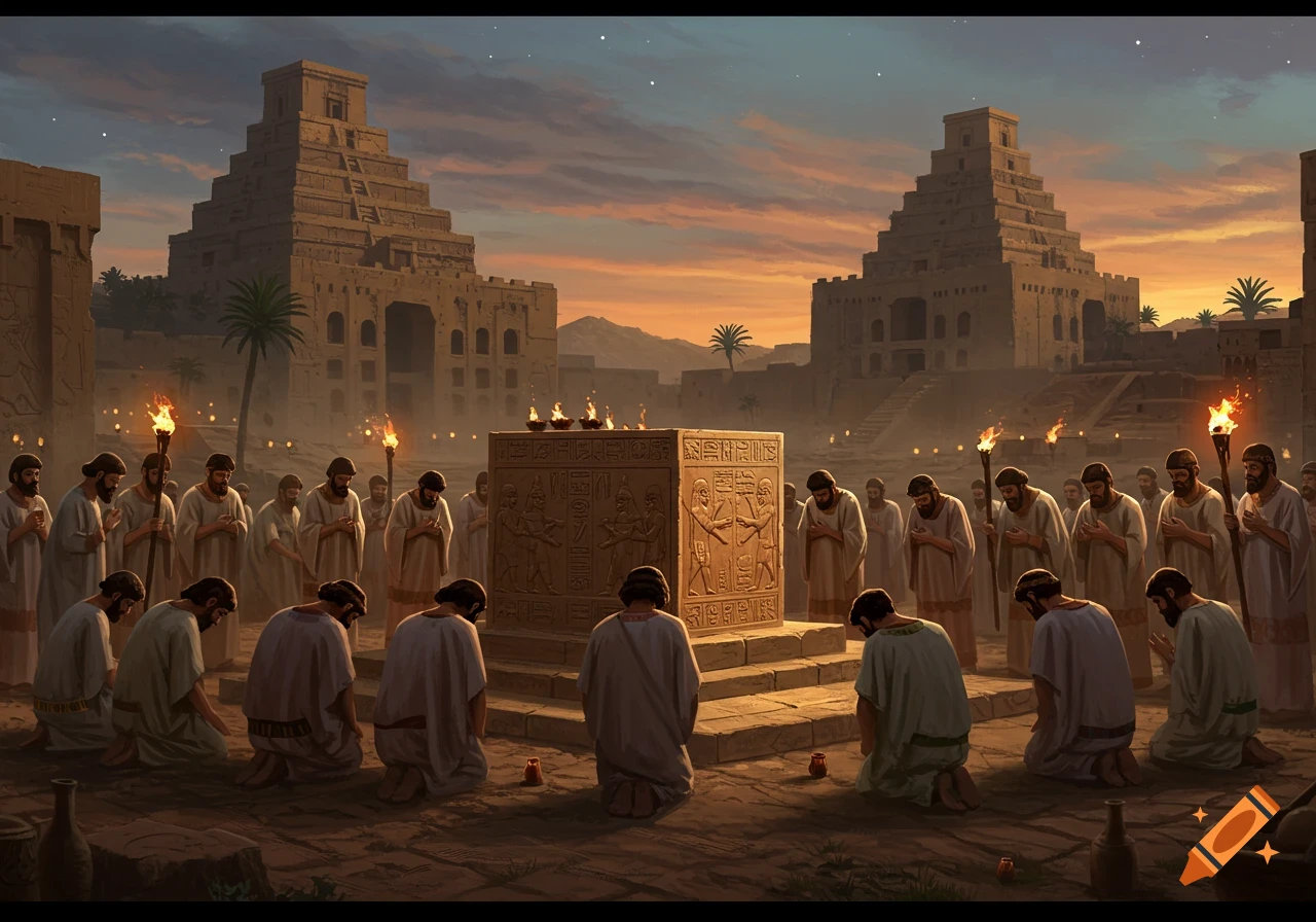 A large crowd of robed men pray and kneel before an ornate stone altar in an ancient city with ziggurats at sunset.