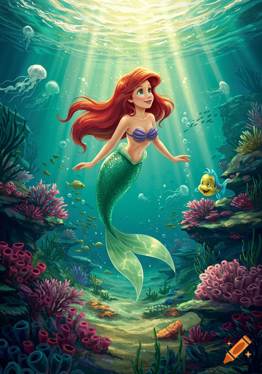 Ariel the Little Mermaid swims underwater with her green tail and red hair, surrounded by colorful coral, fish, and jellyfish in a vibrant cartoon style.