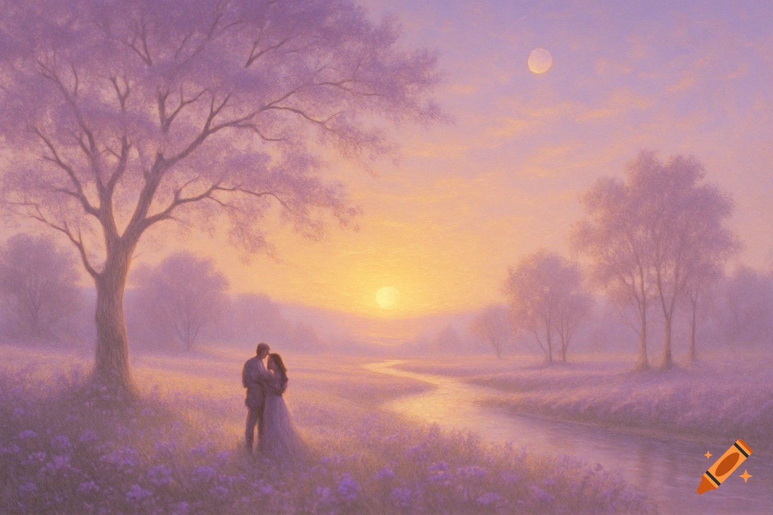 A couple embraces in a misty purple field of flowers with a winding river and trees, under a dreamy sunset sky with a sun and moon.
