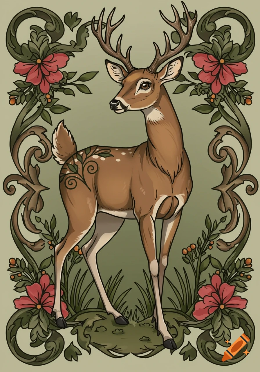 A stylized deer with large antlers, brown fur, and white spots, standing amidst green and red floral art nouveau scrolling vines.