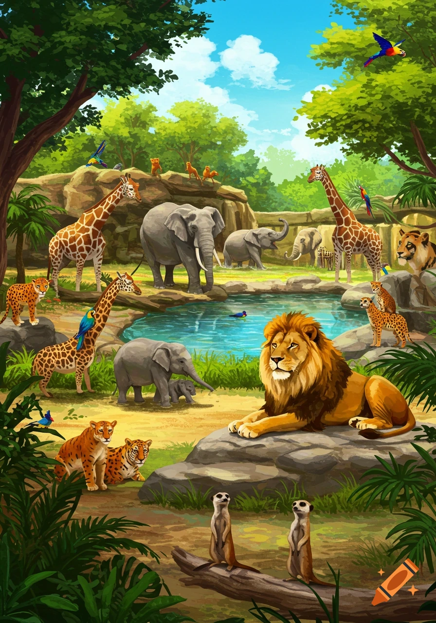 A vibrant illustration of a zoo scene with various animals like lions, elephants, giraffes, leopards, meerkats, and parrots by a pond.