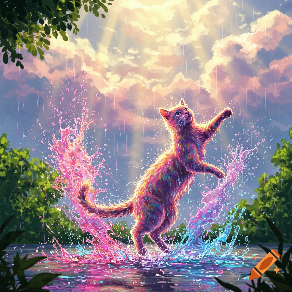 A vibrant, fluffy cat with rainbow-colored fur jumps and splashes in pink and blue water during a sunny rain shower, surrounded by green foliage in an artistic style.