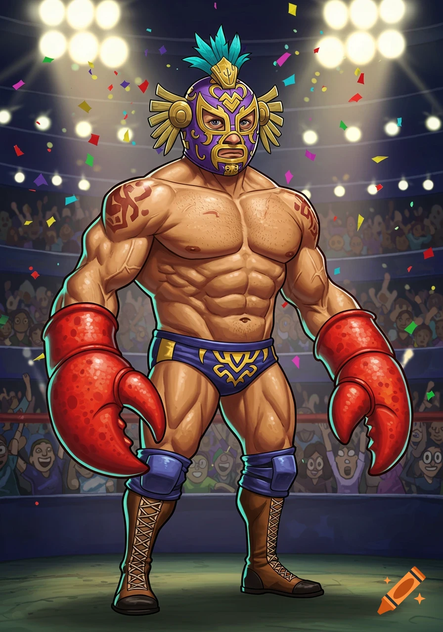 A muscular cartoon wrestler with a purple and gold mask, teal mohawk, blue briefs, brown boots, and large red crab claws, standing in a wrestling ring with confetti.