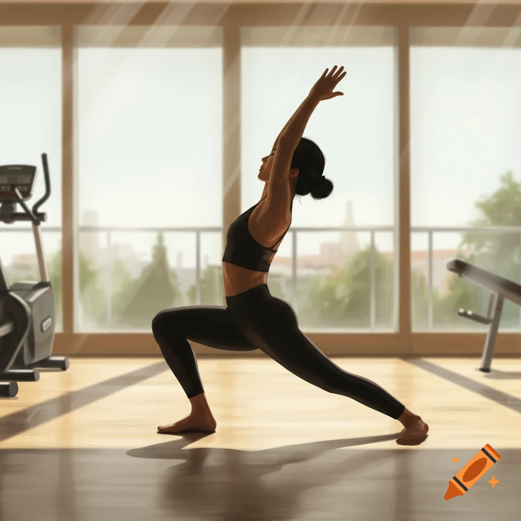 An East Asian woman in a black sports bra and leggings performs a yoga warrior pose in a gym with large windows overlooking a city.