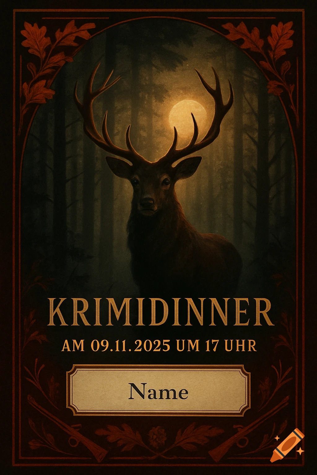 An ornate invitation for a crime dinner featuring a majestic deer with antlers in a dark, moonlit forest, surrounded by a decorative border of oak leaves and rifles. Text reads 'Krimidinner', 'Am 09.11.2025 um 17 Uhr', and 'Name' in a text box.