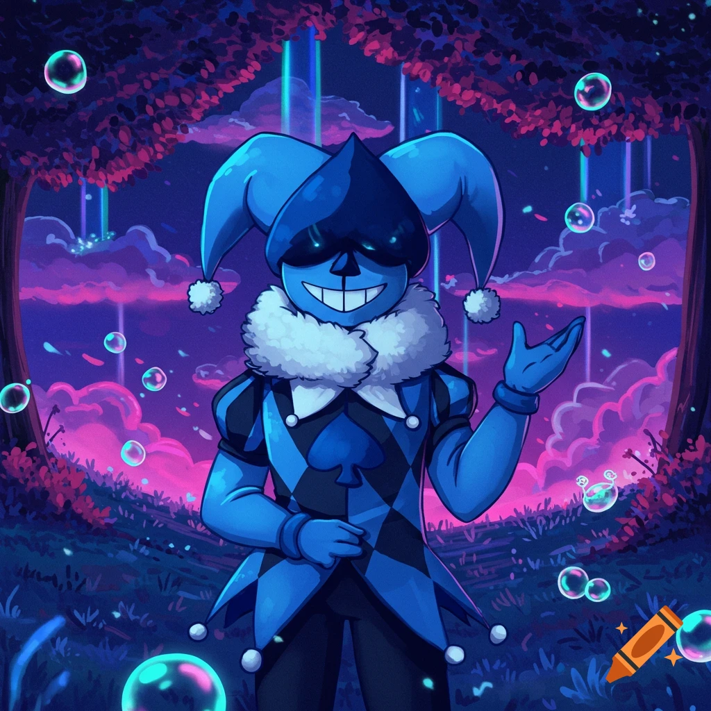 Cartoon illustration of Lancer from Deltarune smiling in a magical forest with pink clouds, glowing pillars, and bubbles.