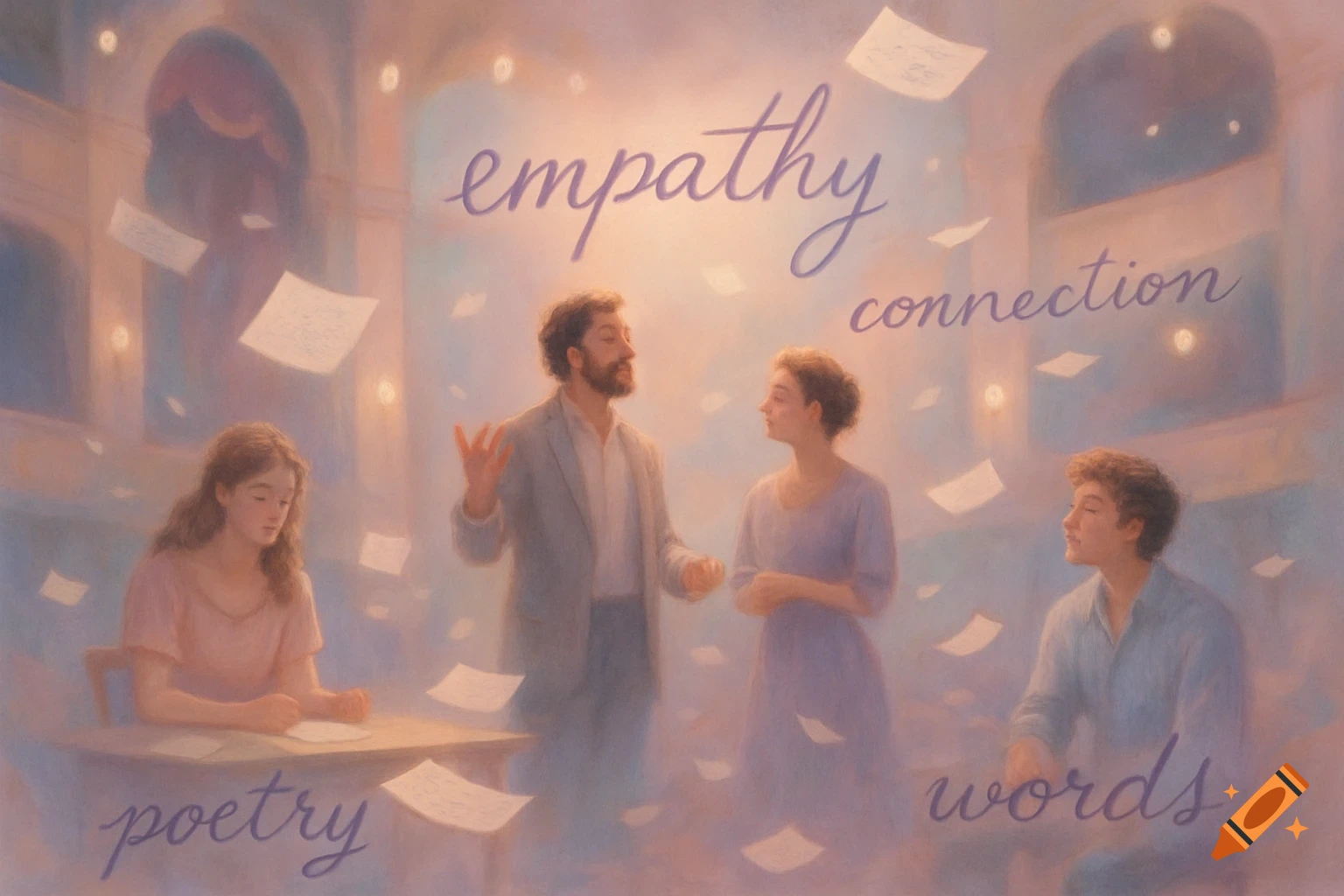 Dreamy pastel painting of four people surrounded by floating words like 'empathy,' 'connection,' 'poetry,' and notes, in a soft light setting.