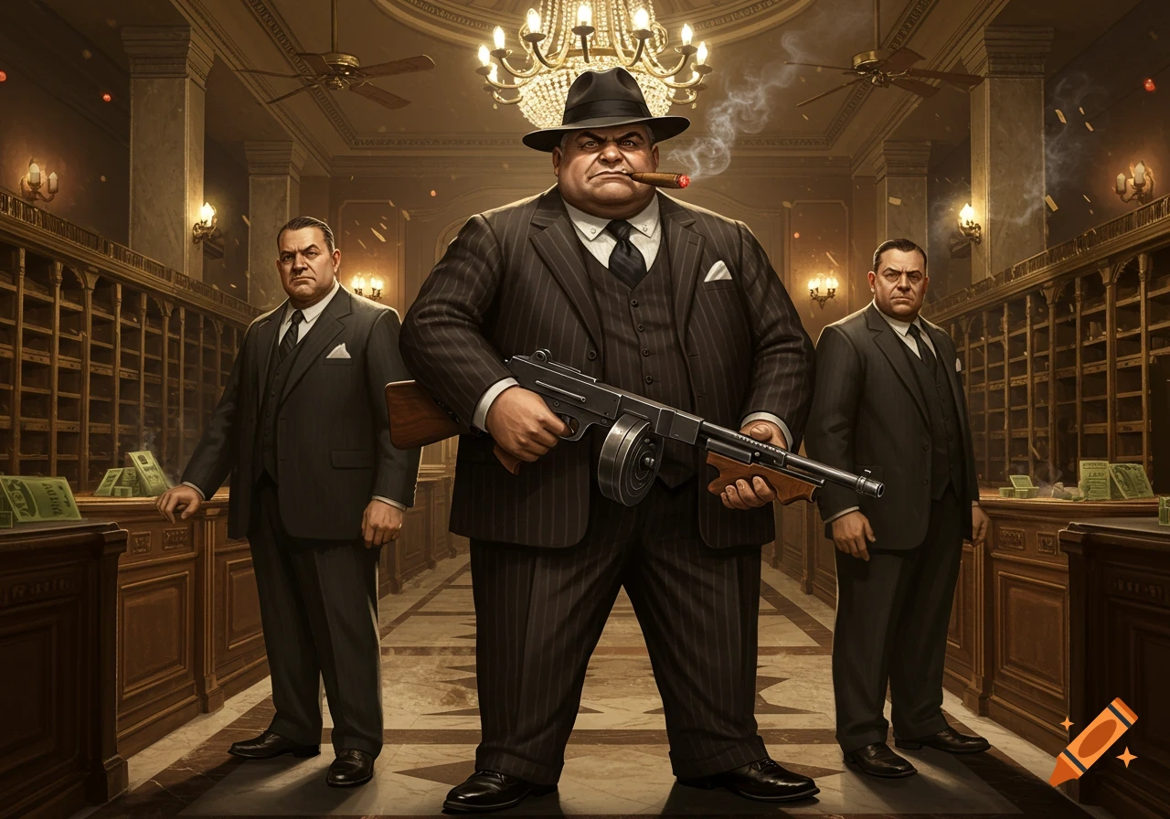 A fat mob boss in a pinstripe suit and fedora holds a tommy gun and smokes a cigar, flanked by two other mobsters in a bank vault.